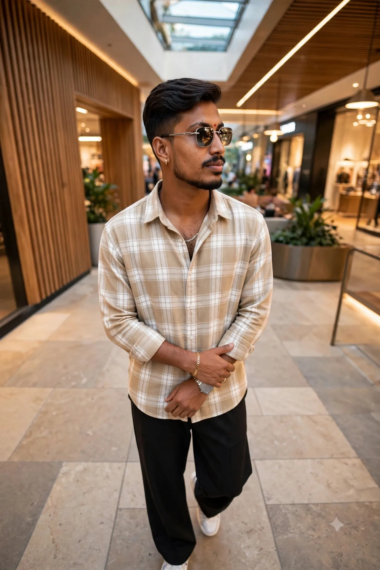 A high-angle medium shot of a stylish young South Asian man walking on a modern indoor inside a warm, upscale shopping mall.