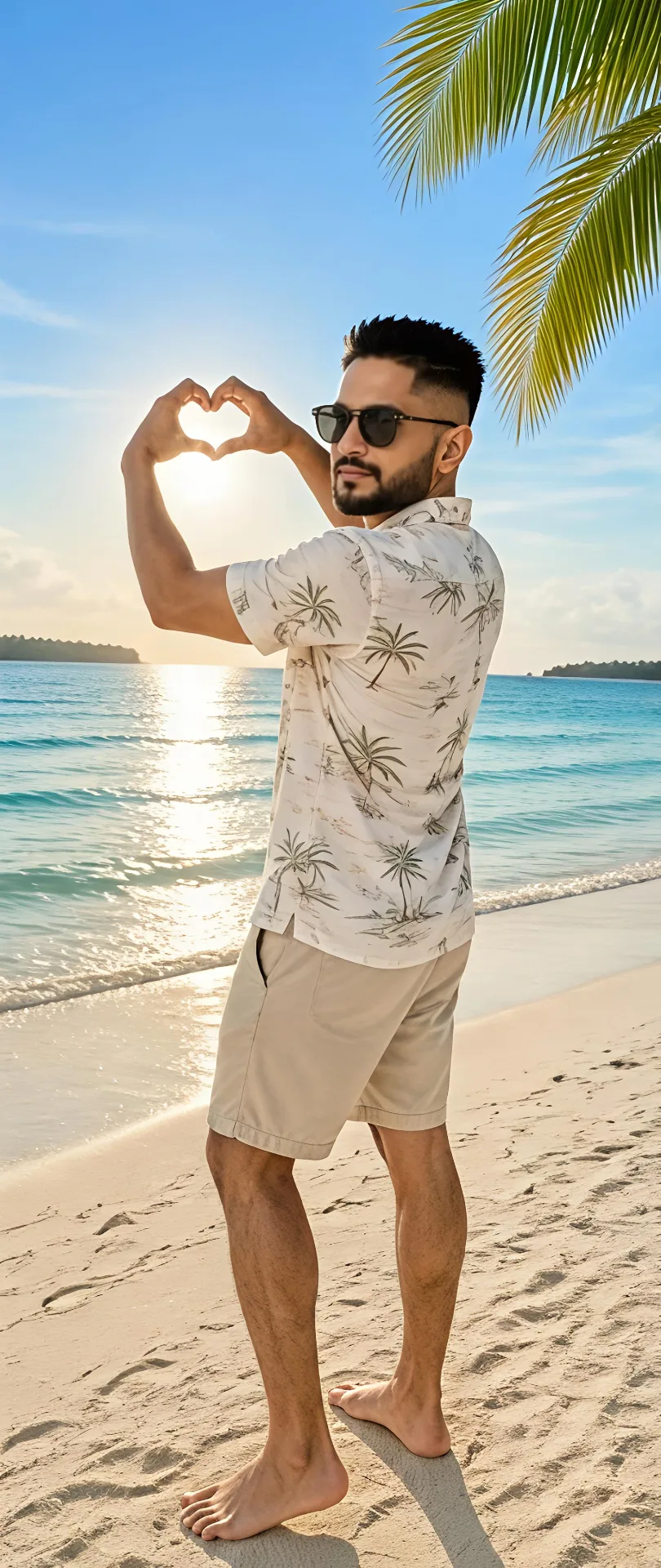 Create a highly realistic cinematic travel portrait of a stylish young man standing barefoot on a beautiful tropical beach during golden