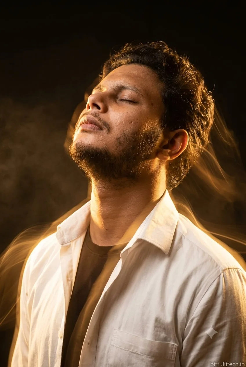 A close-up portrait of a young South Asian man with short curly dark hair and a light beard, eyes closed in peaceful expression, head