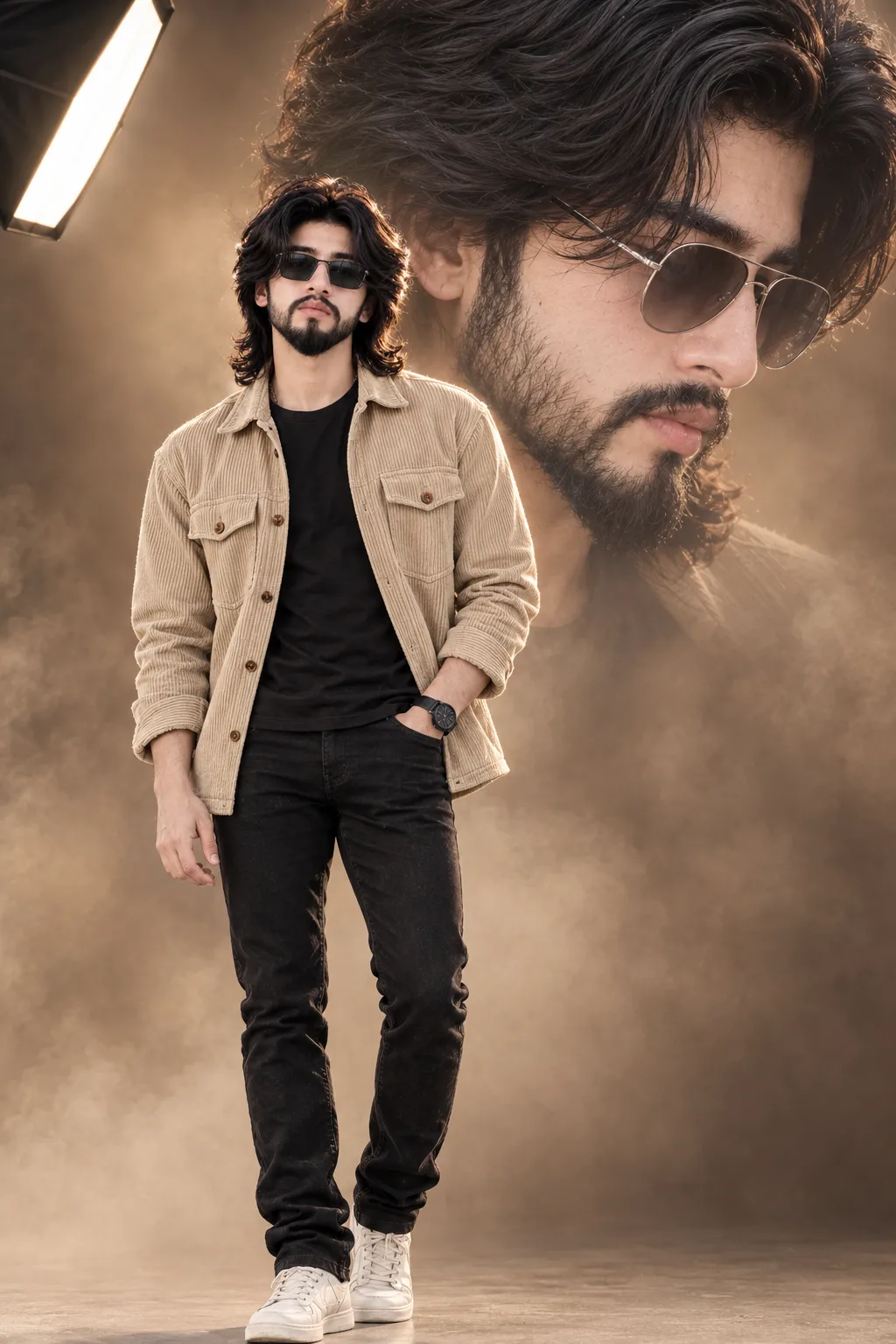 AI Image Generation Prompt A full-length fashion portrait featuring a double exposure layout.