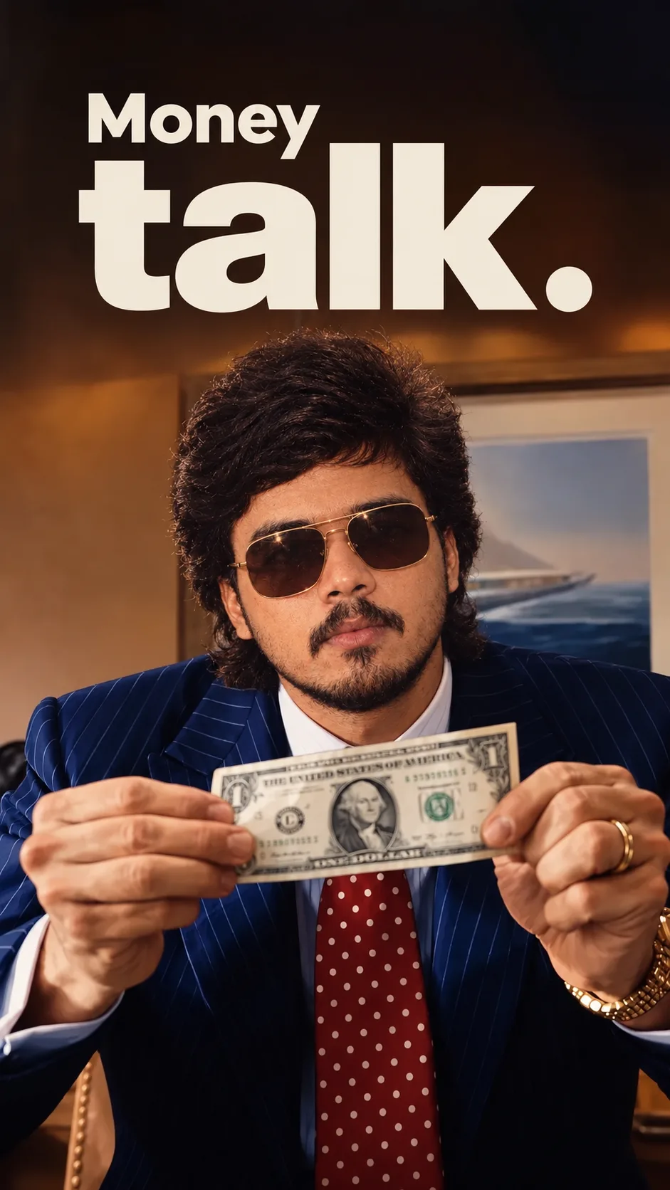 Create an ultra-realistic cinematic luxury portrait of a stylish young Indian man seated confidently indoors, holding a U.S.