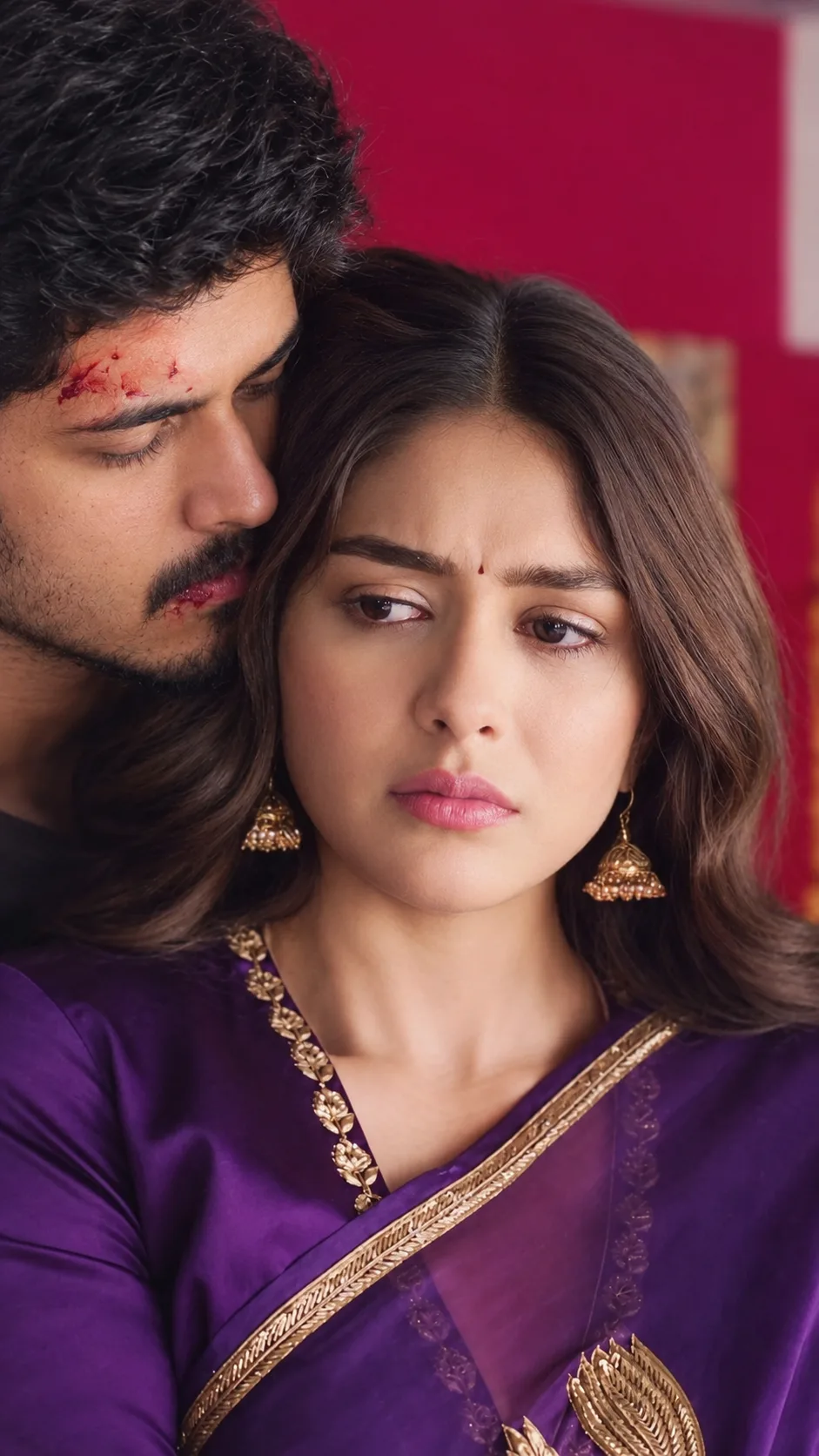 Photorealistic cinematic close-up portrait of a young Indian couple in an emotionally intense moment.