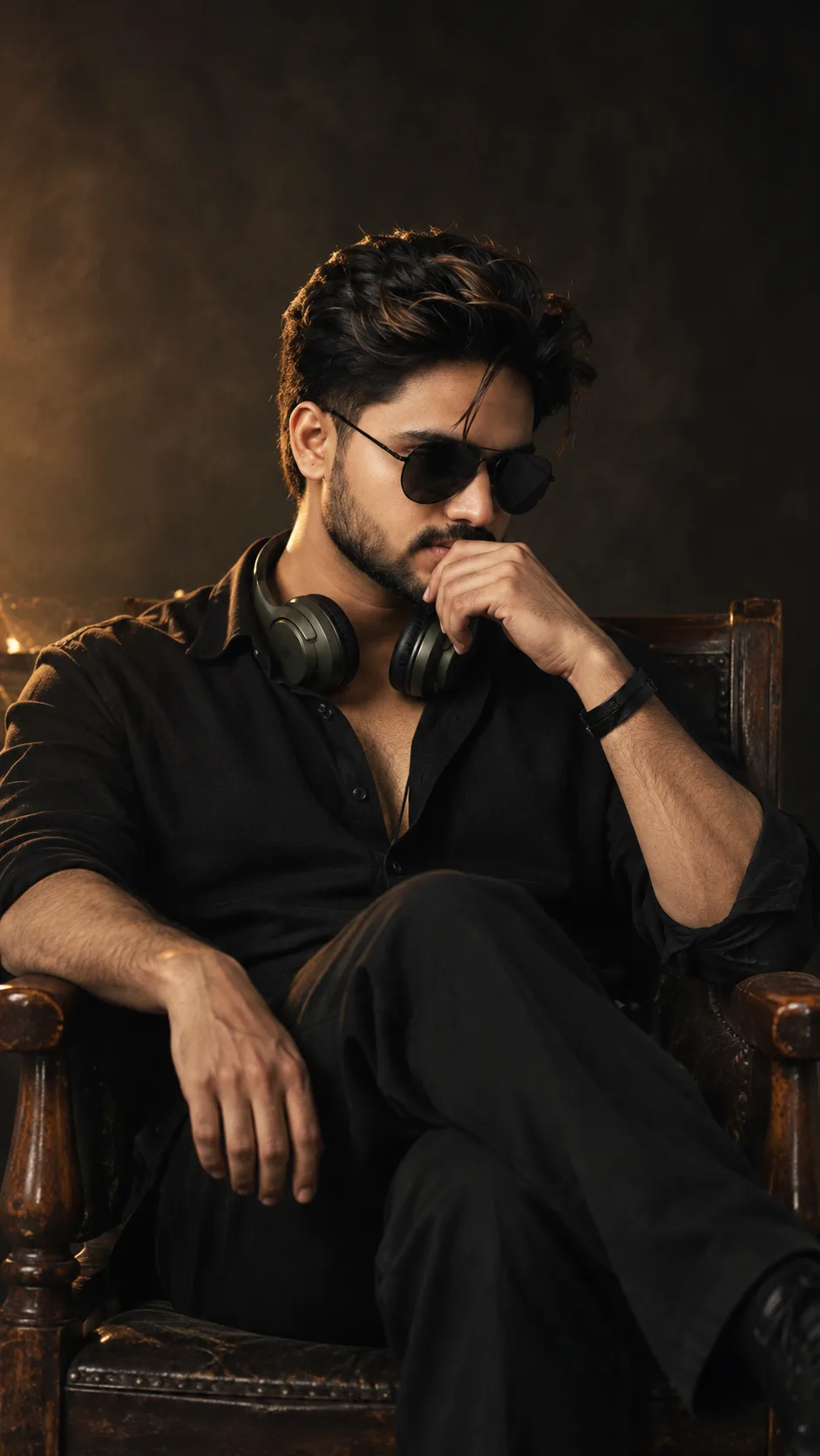 Ultra-realistic cinematic portrait of a rugged Indian man sitting confidently in a vintage wooden armchair, wearing an all-black