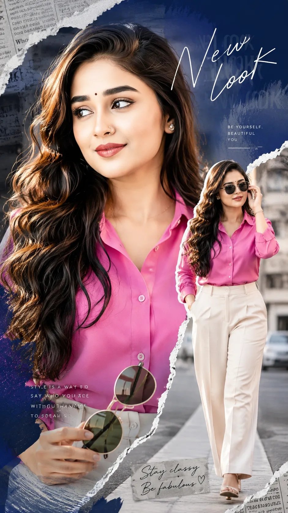 ChatGPT Prompt ⤵️ 💫 📌 poster of a glamorous blonde woman with silky caramel-black hair, wearing a cobalt- Pink normal size shirt and