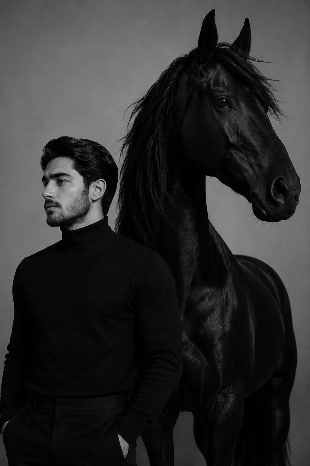 A highly cinematic, photorealistic black-and-white fashion portrait of a handsome young adult man standing beside a majestic black horse.