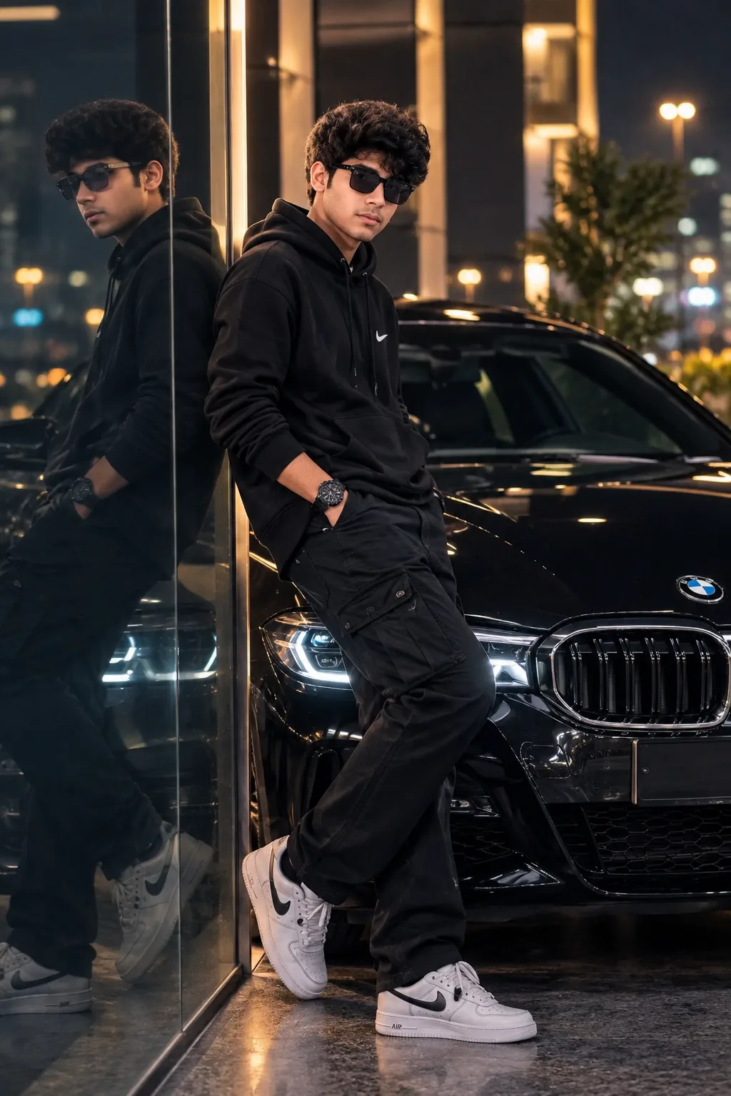 > Create an ultra-realistic, high-resolution cinematic portrait of a stylish young South Asian man standing confidently beside a glossy