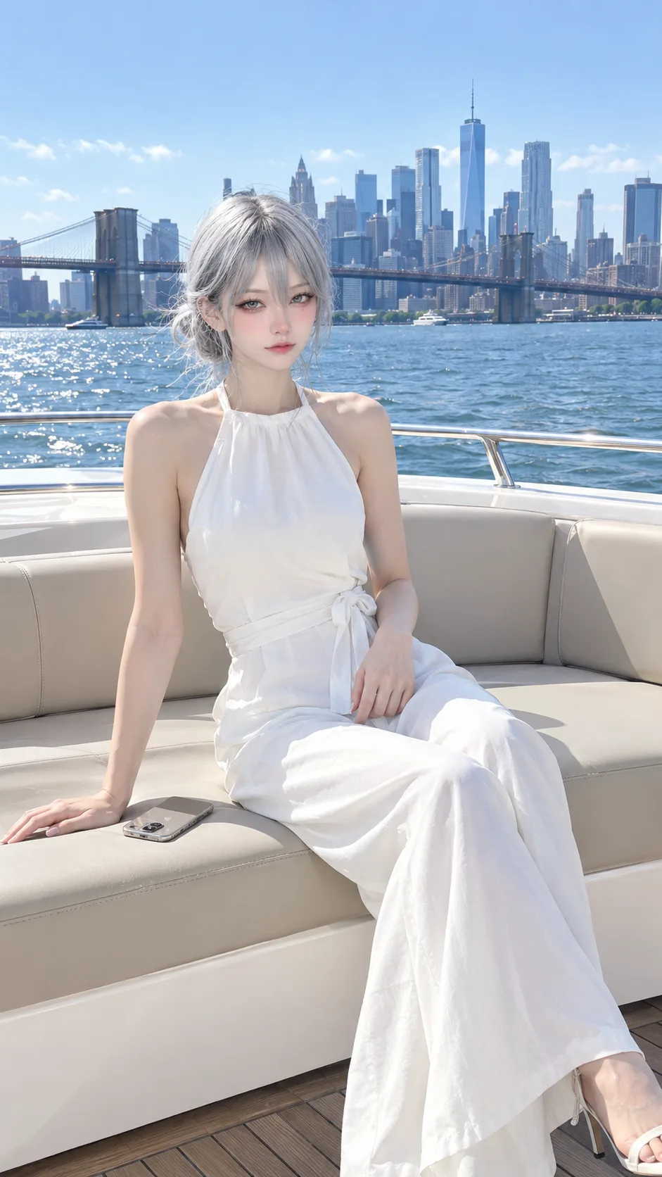 Create an ultra-realistic, high-resolution full-body lifestyle photograph of a beautiful young woman relaxing on a luxury yacht during a