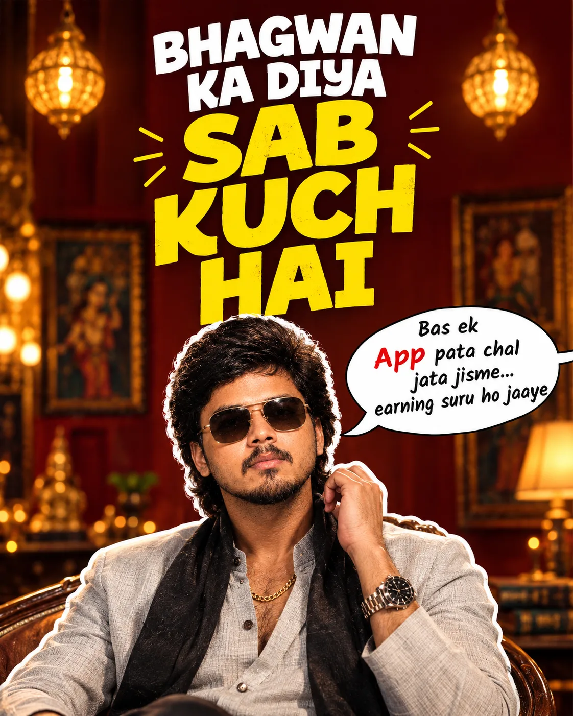 ### Title: **BHAGWAN KA DIYA — SAB KUCH HAI 🙏🔥** ### Prompt: Create a **bold cinematic Bollywood-style motivational meme poster** based