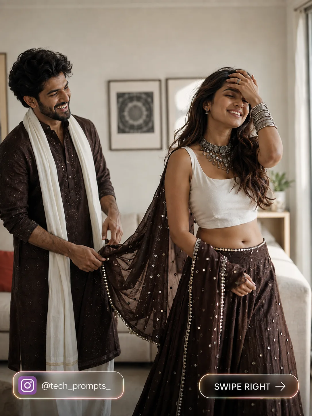 A high-quality, realistic photograph capturing a joyful and playful mome nt between a young South Asian co uple indoors.