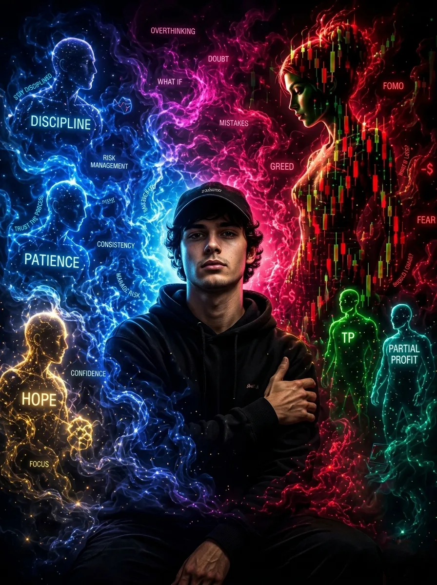 A close-up cinematic portrait of a young male trader with a calm expression, wearing a black hoodie and a baseball cap, sitting in the