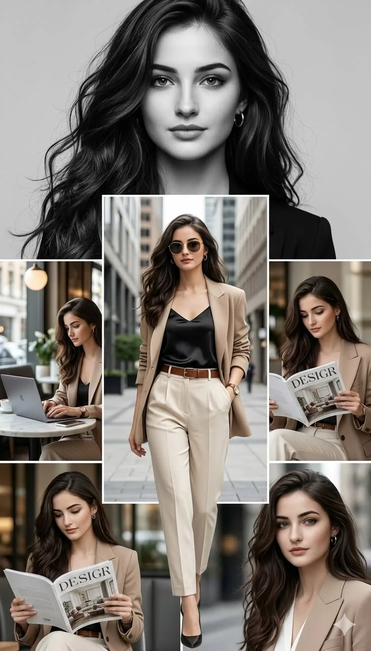A full-body shot of an elegant brunette woman walking down a modern city street.