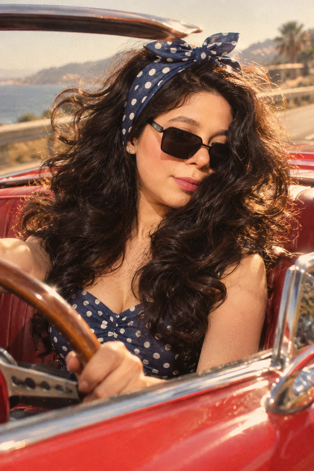 Beautiful young woman driving a vintage red convertible car, 1950s-80s retro glam aesthetic, 100% same face preserved - light eyes behind
