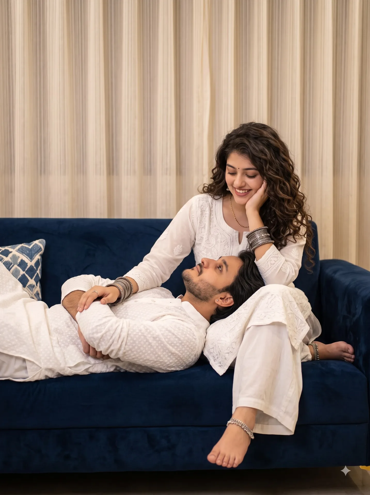 Subject & Style: 100% hyper-realistic, photorealistic unedited photograph of a young Indian couple in an intimate, cozy indoor pose.
