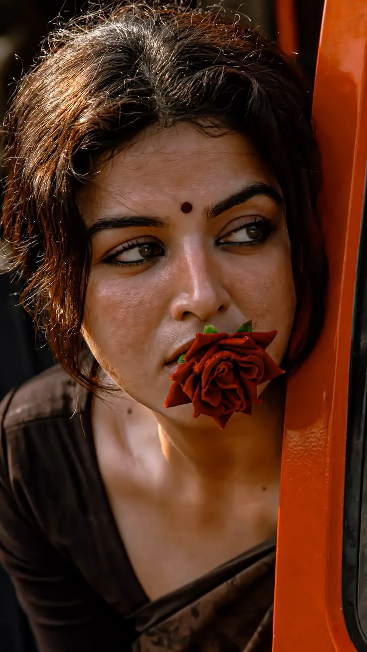 Create an ultra-realistic cinematic close-up portrait of a South Asian woman, inspired by the uploaded reference image.