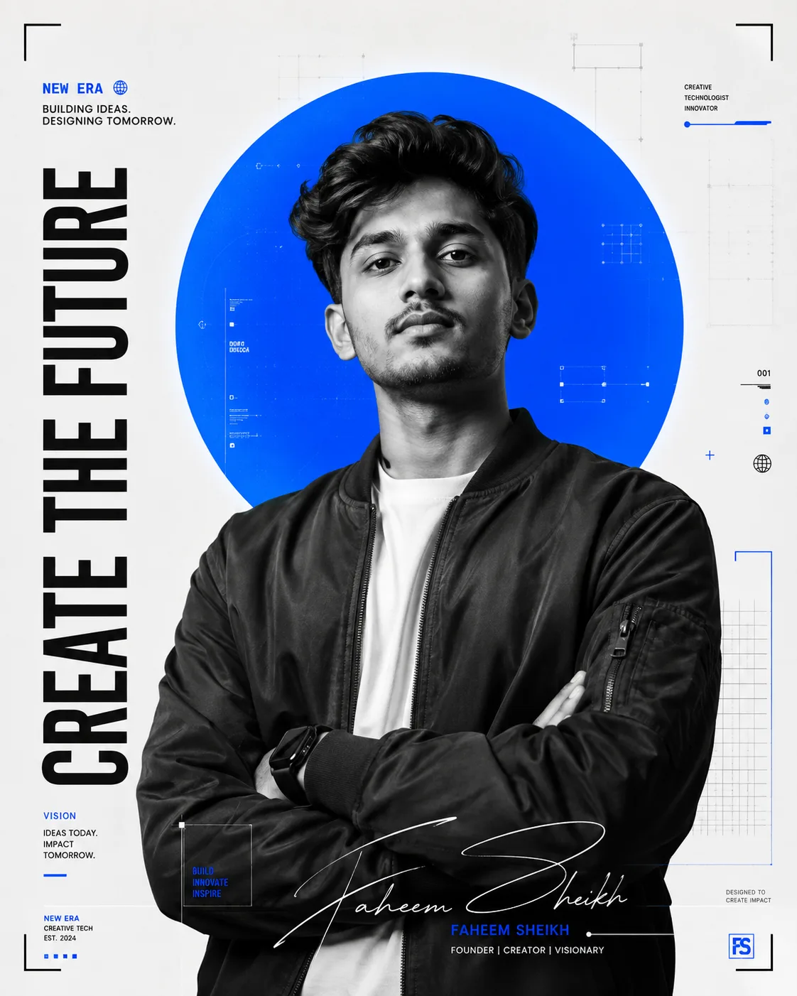 Create the Future Editorial Portrait AI Prompt | Ultra-Realistic Black & White Tech Poster with Blue Halo