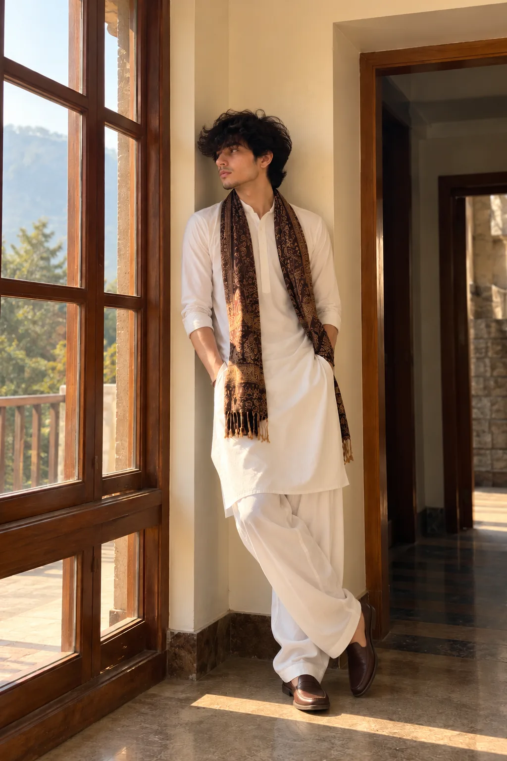Create a highly photorealistic full-body vertical portrait of a young South Asian man standing casually beside a large wooden-framed glass