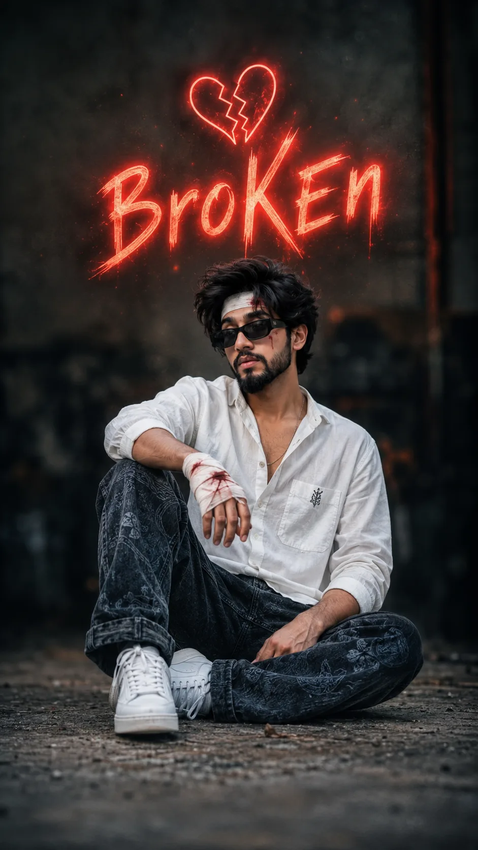 A medium shot photograph, captured at eye level, features a young man with disheveled dark hair sitting cross-legged on a worn concrete