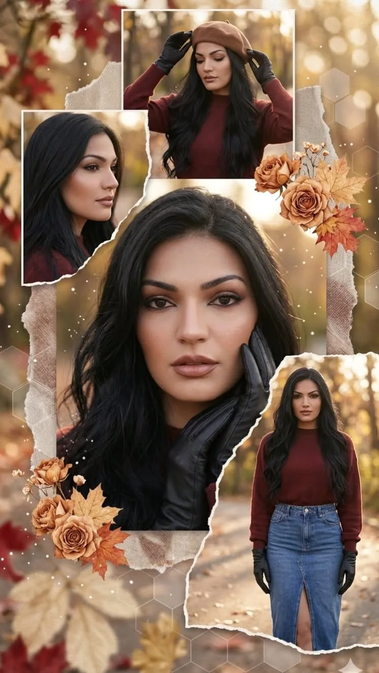 A full-length outdoor portrait of a stunning woman with long, wavy black hair in an autumn park.