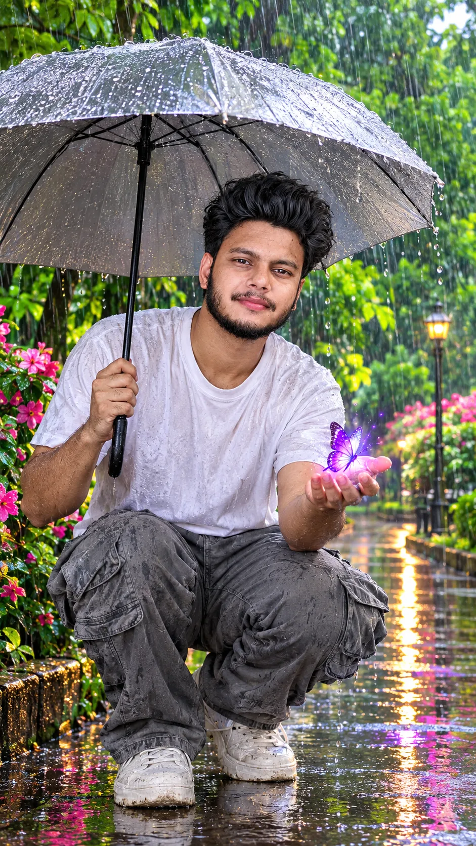 A young South Asian man with short curly black hair and a trimmed beard, squatting on a wet reflective pavement under a large transparent