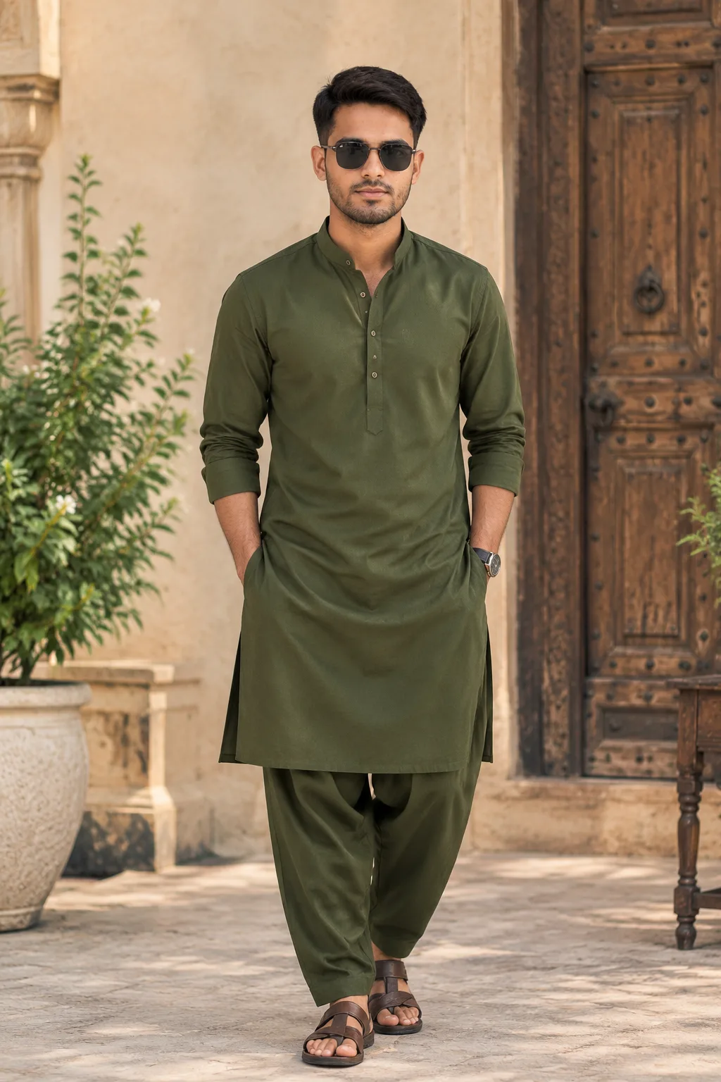 A photorealistic full-body fashion portrait of a handsome adult South Asian man standing confidently in the courtyard of a luxurious