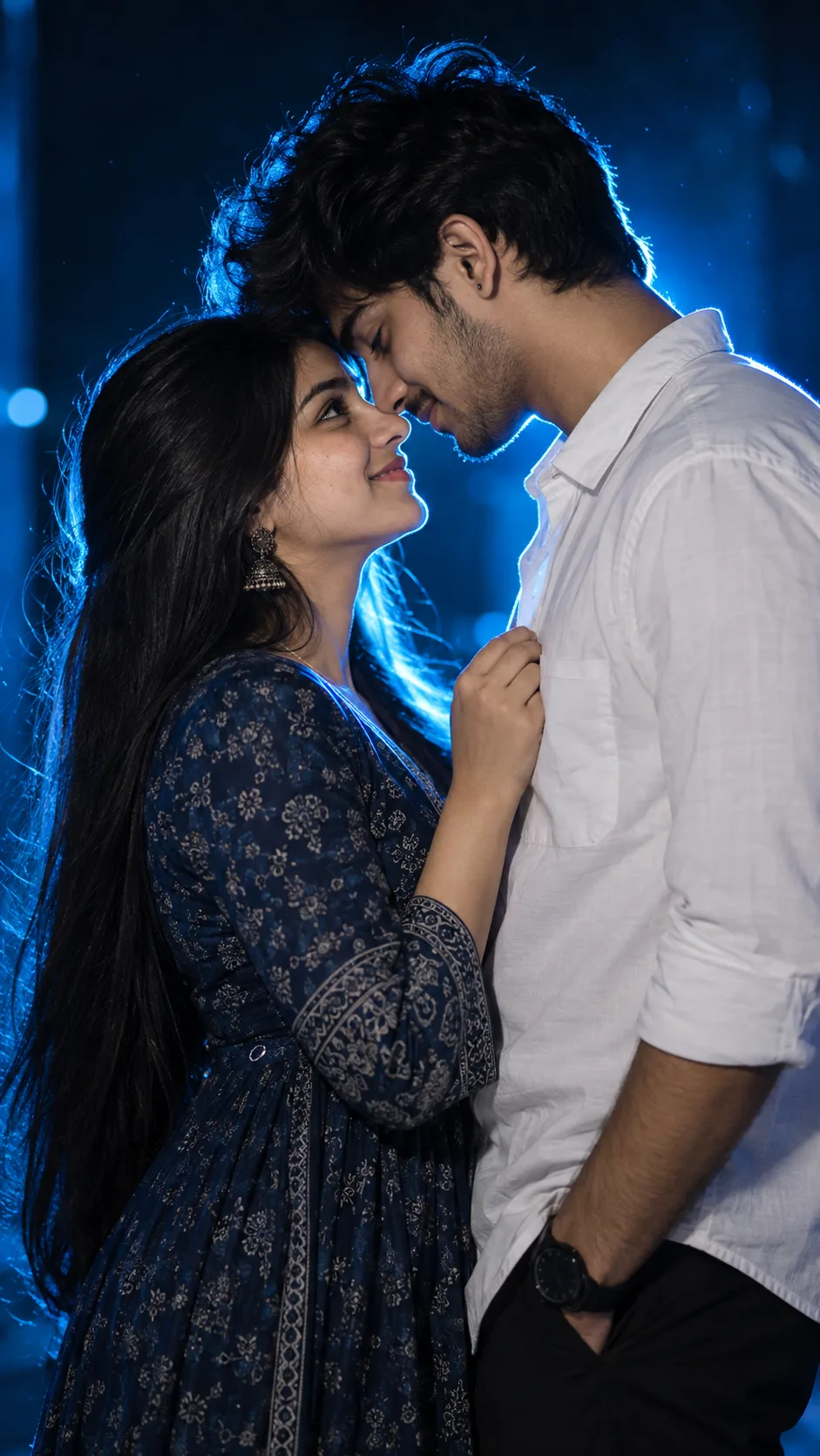 Create an ultra-realistic cinematic 8K vertical 9:16 portrait of a young South Indian couple standing very close together in an intimate,