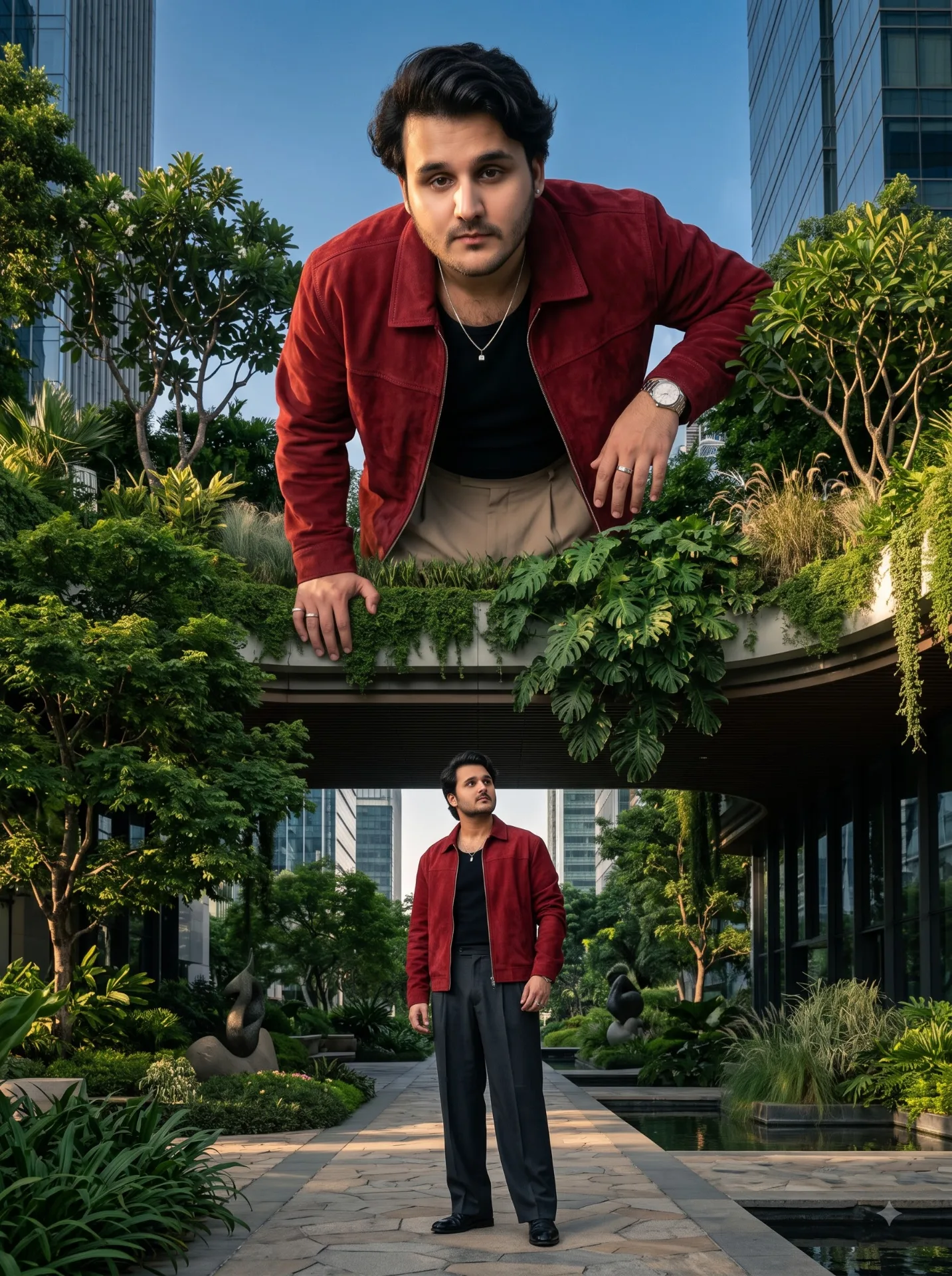 Ultra-realistic cinematic surreal fashion portrait, striking double-scale composition, sophisticated contemporary editorial photography.