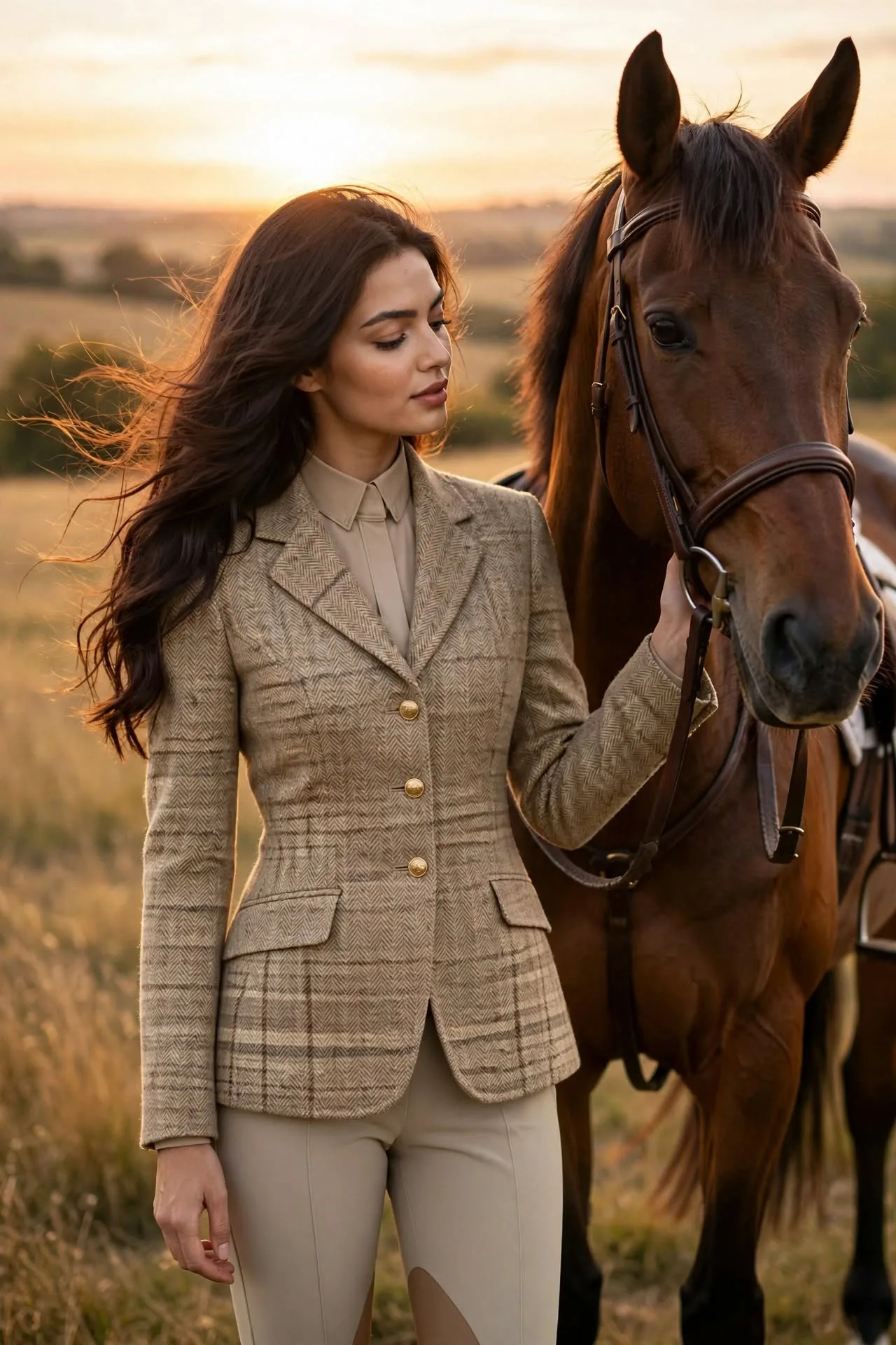 Same face as reference image, luxury equestrian girl standing with beautiful brown horse, beige tweed blazer with gold buttons and beige