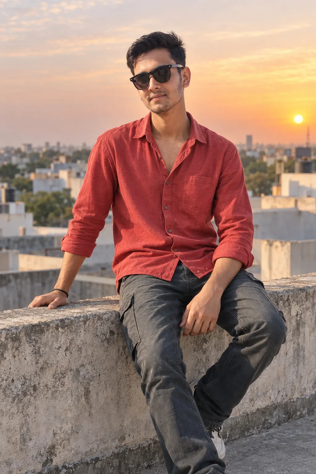 Create an ultra-realistic cinematic outdoor portrait of a young adult South Asian man, closely inspired by the uploaded reference image