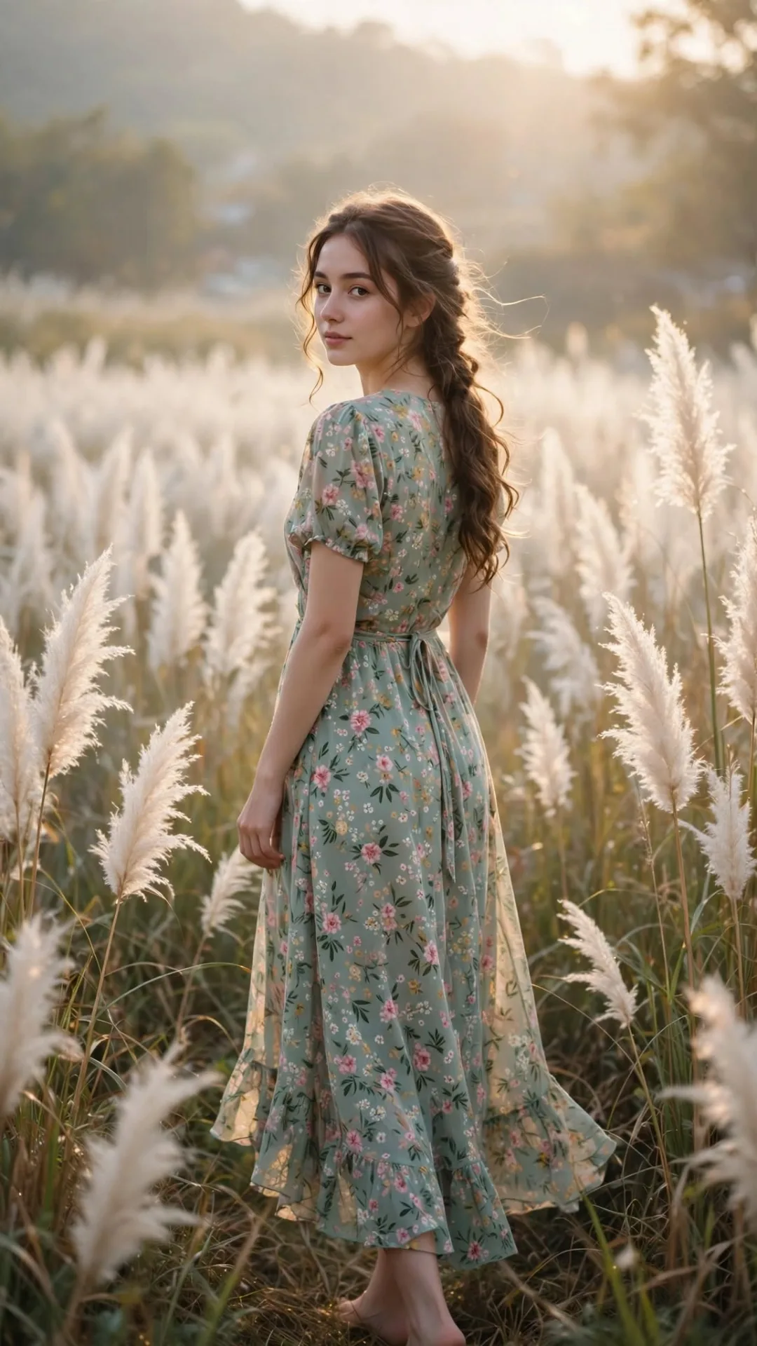 9:16 photorealistic full body portrait standing in white kash flower field, cloudy sky, natural daylight, detailed --style raw