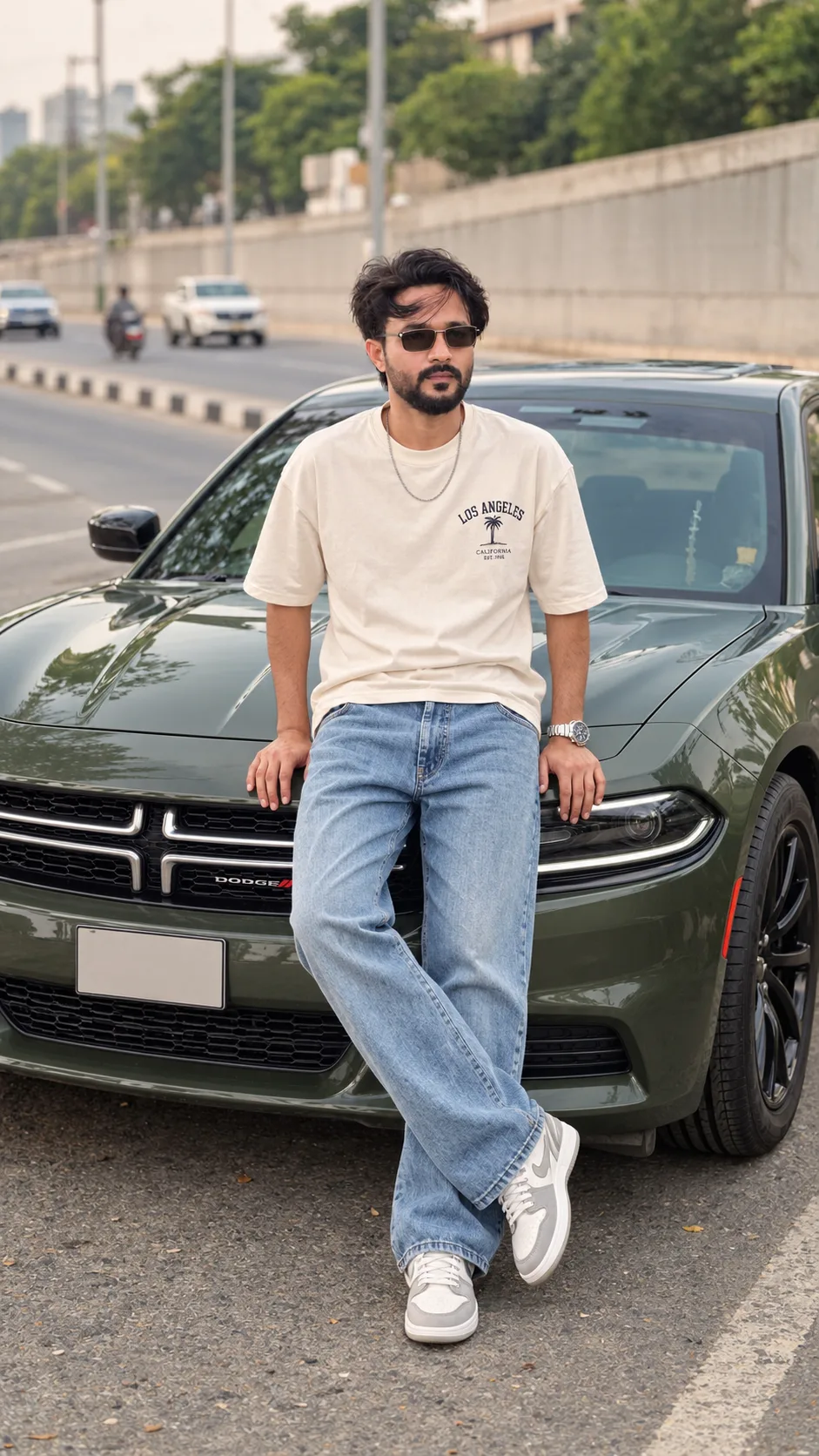 AI Photo Prompt Create an ultra-realistic, high-quality 4K UHD full-body cinematic street-fashion photograph of a stylish young Indian man