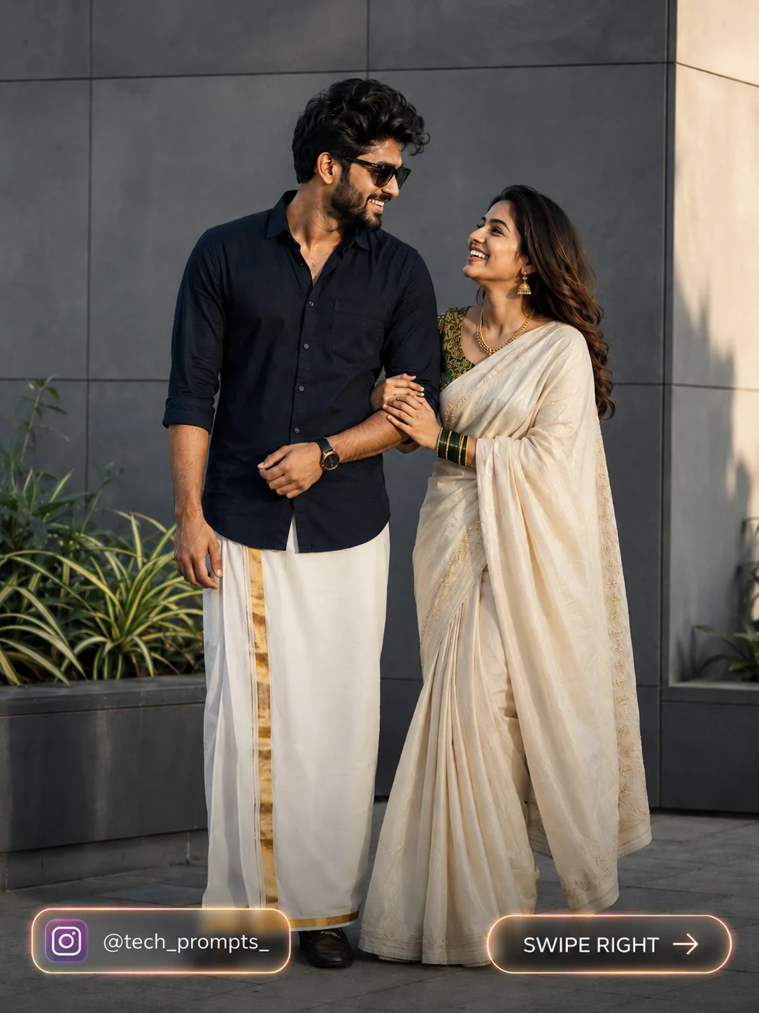 A hyper-realistic, candid full-body p hotograph of a beautiful South Indian couple sharing a joyful laugh whil e looking at each other,