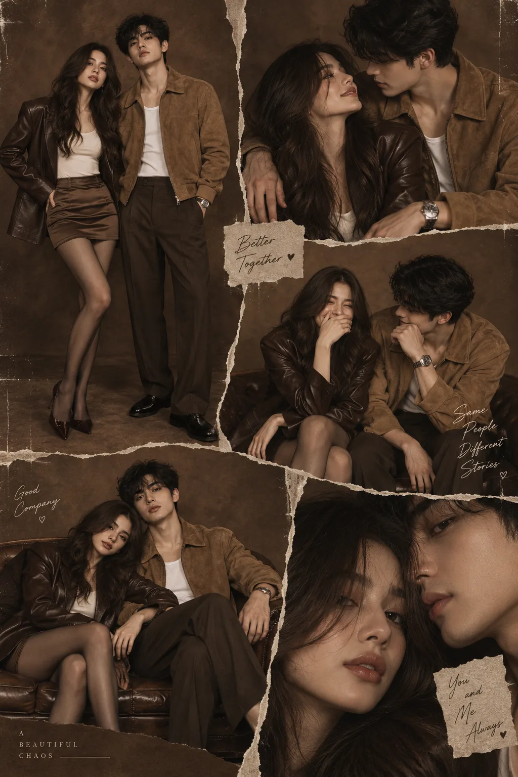 Ultra-realistic editorial fashion couple photoshoot collage featuring a stylish young man and woman in a warm brown monochromatic studio