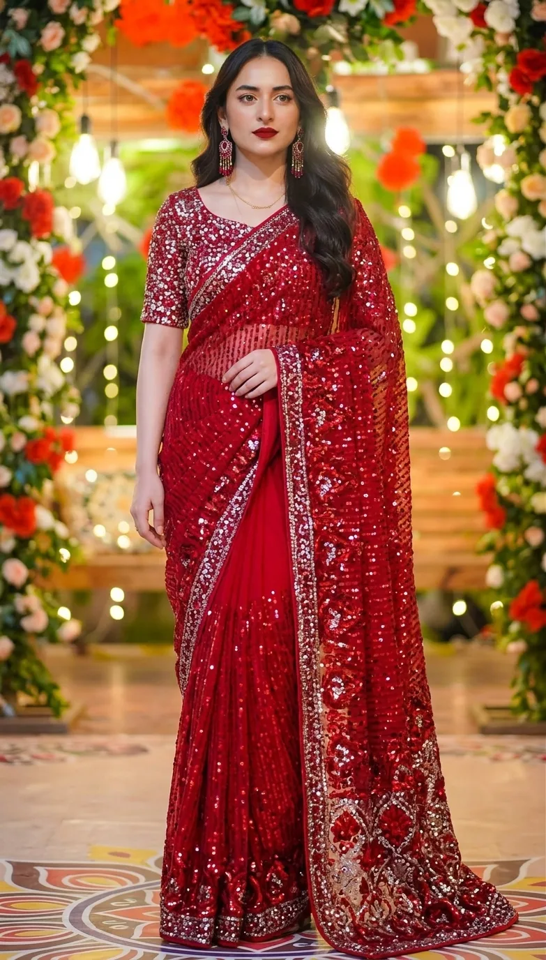 **Title:** Vibrant Red Sequined Sari Portrait in Festive Floral Setting **Prompt:** A full-body photograph of a woman with long, wavy dark