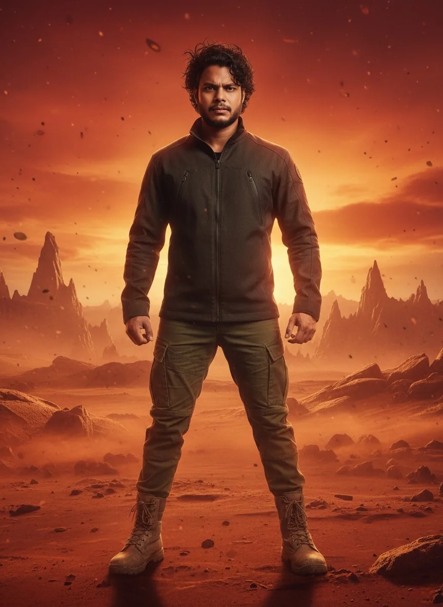 Create an ultra-realistic cinematic full-body portrait of a young South Asian man standing confidently in a vast alien desert landscape at