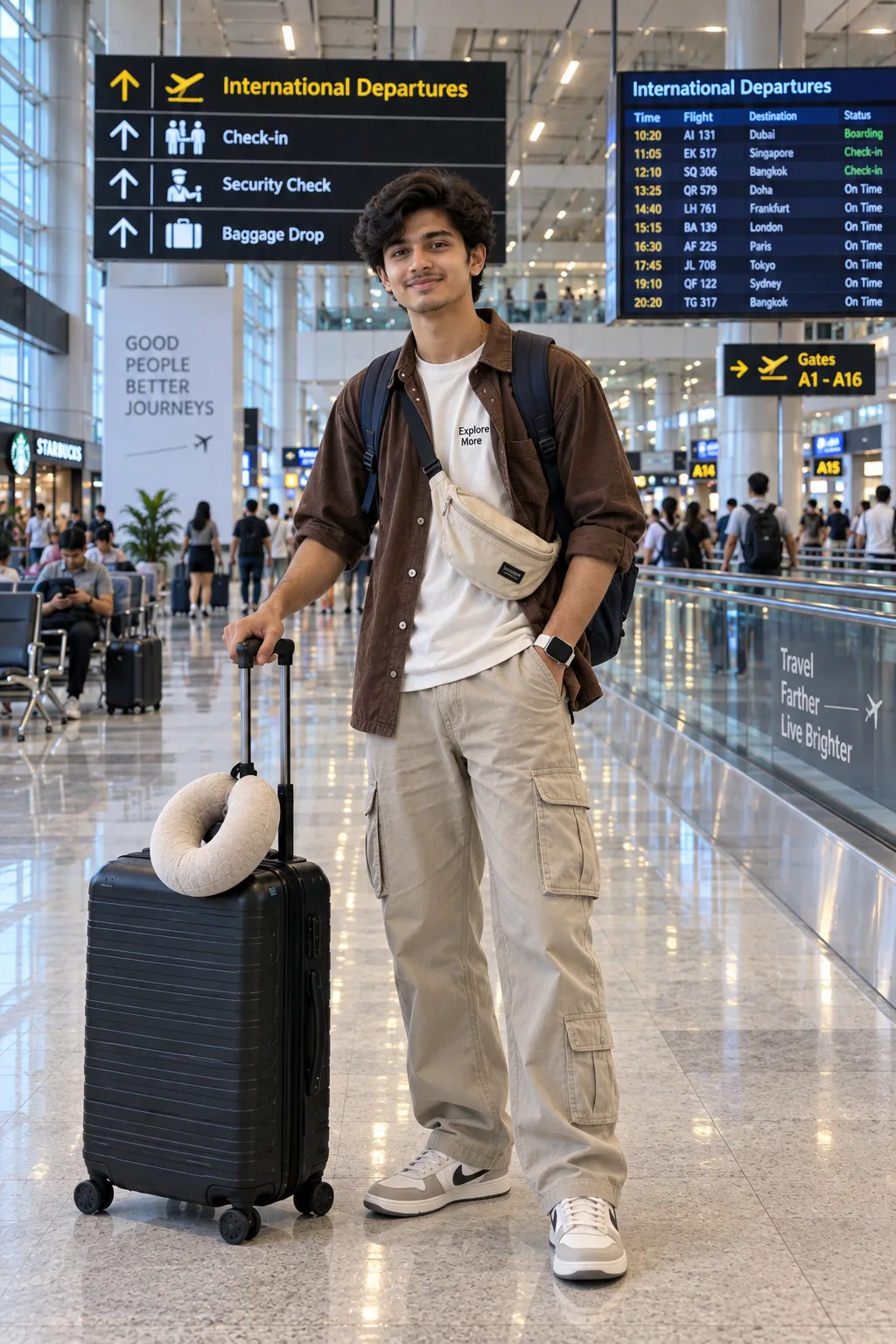 Create a highly realistic, ultra-detailed full-body cinematic photograph of a stylish young Indian man standing casually inside a spacious