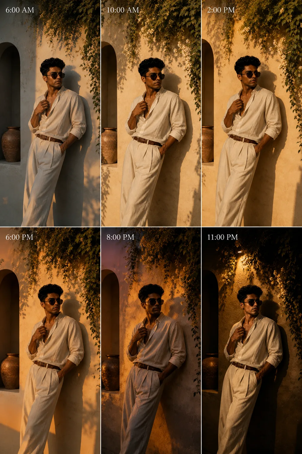 Create an ultra-realistic cinematic 6-panel TIME COLLAPSE / TIME-LAPSE fashion portrait collage using the uploaded reference photo as the