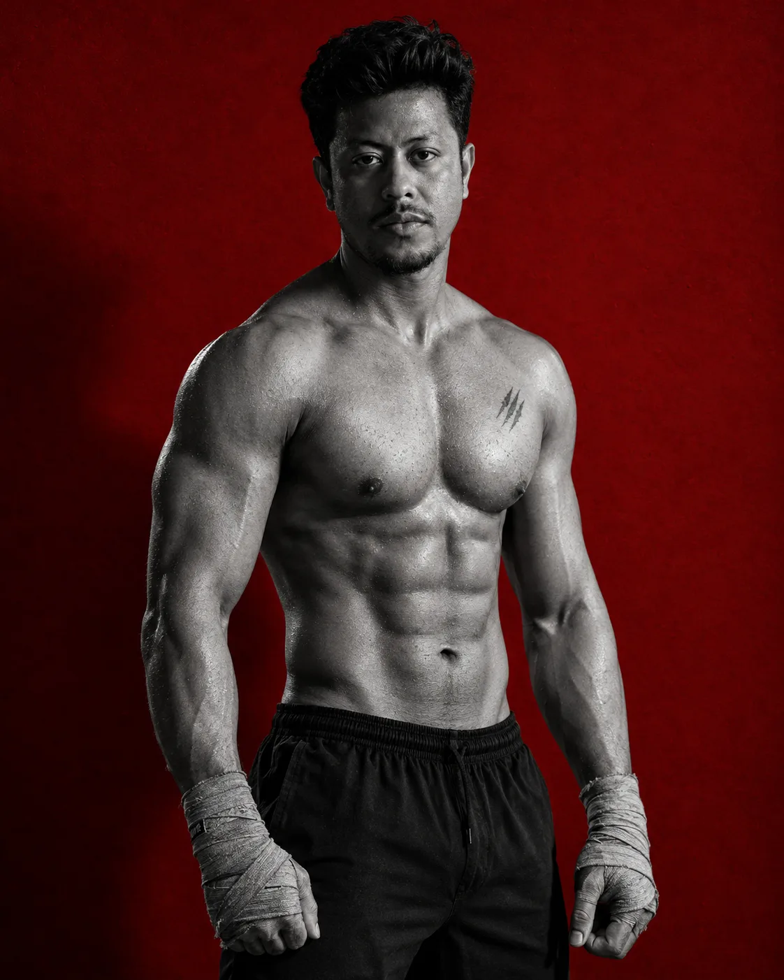 A premium cinematic fitness editorial portrait inspired by luxury fashion campaigns, psychological action films, and high-end magazine