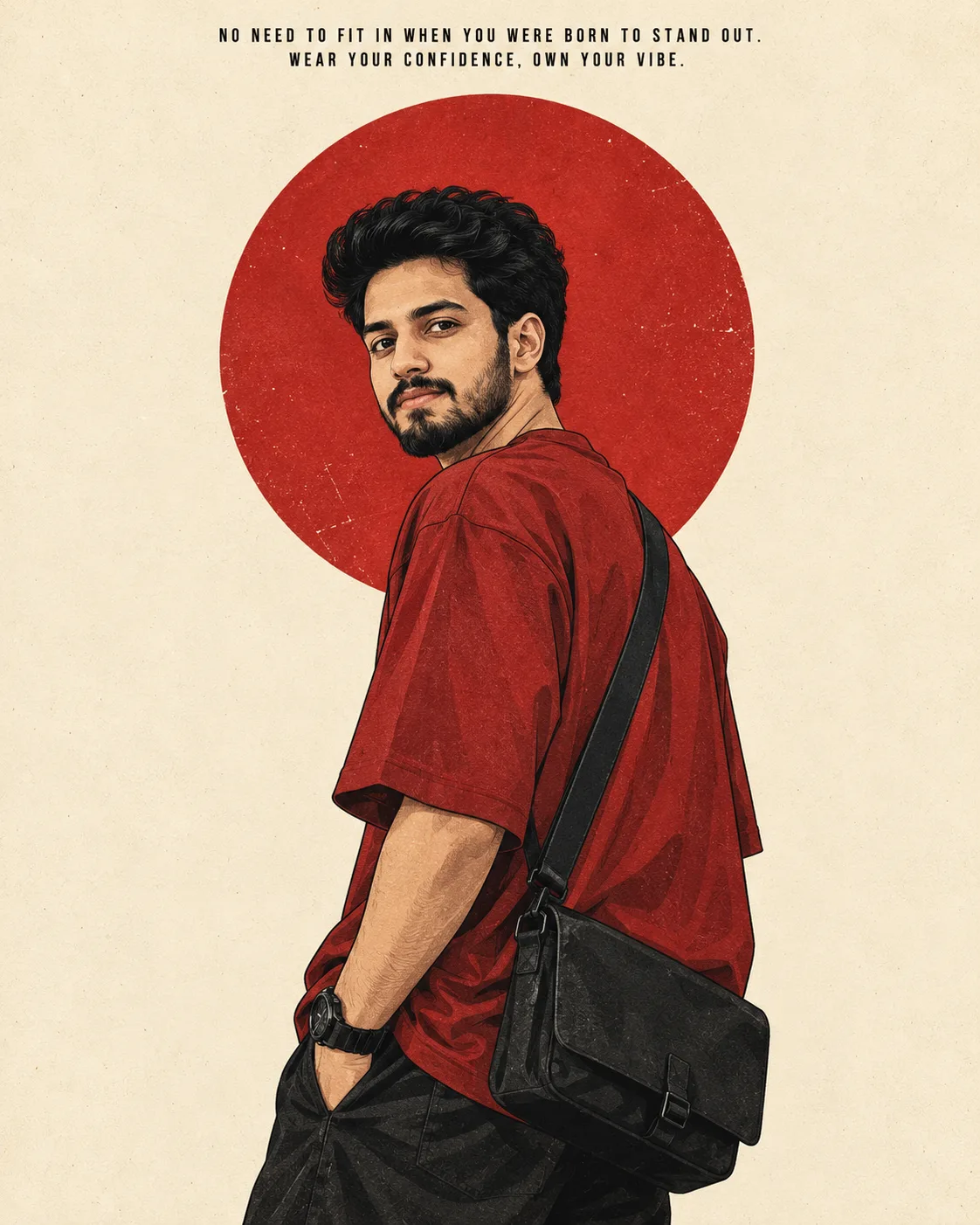 Minimalist retro editorial illustration of a smiling young South Indian man with thick curly black hair, trimmed beard and mustache,