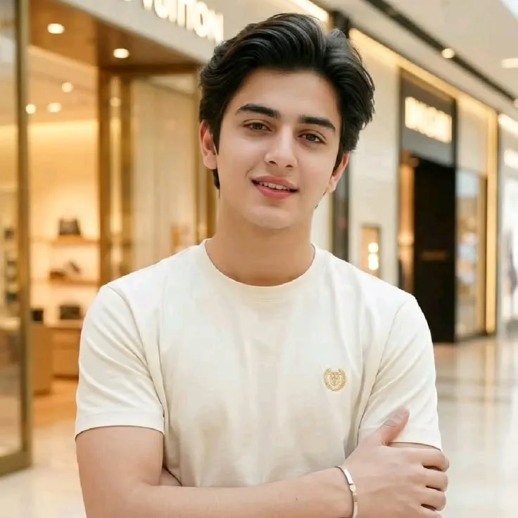 A professional portrait of a handsome young South Asian man in his early 20s, clean-shaven with a charming smile and clear skin.