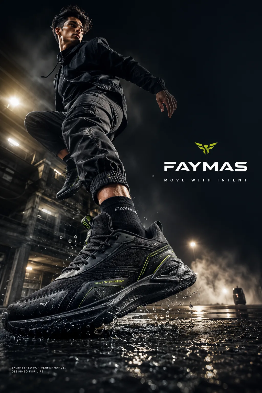 Create an ultra-premium footwear advertising poster designed by a world-class creative agency.