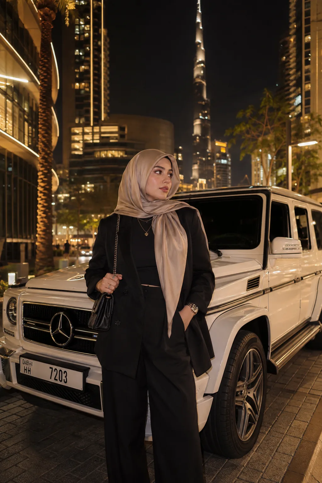 Elegant young Muslim woman standing beside a white luxury Mercedes-Benz G-Class (G-Wagon) on a modern city street at night, wearing a