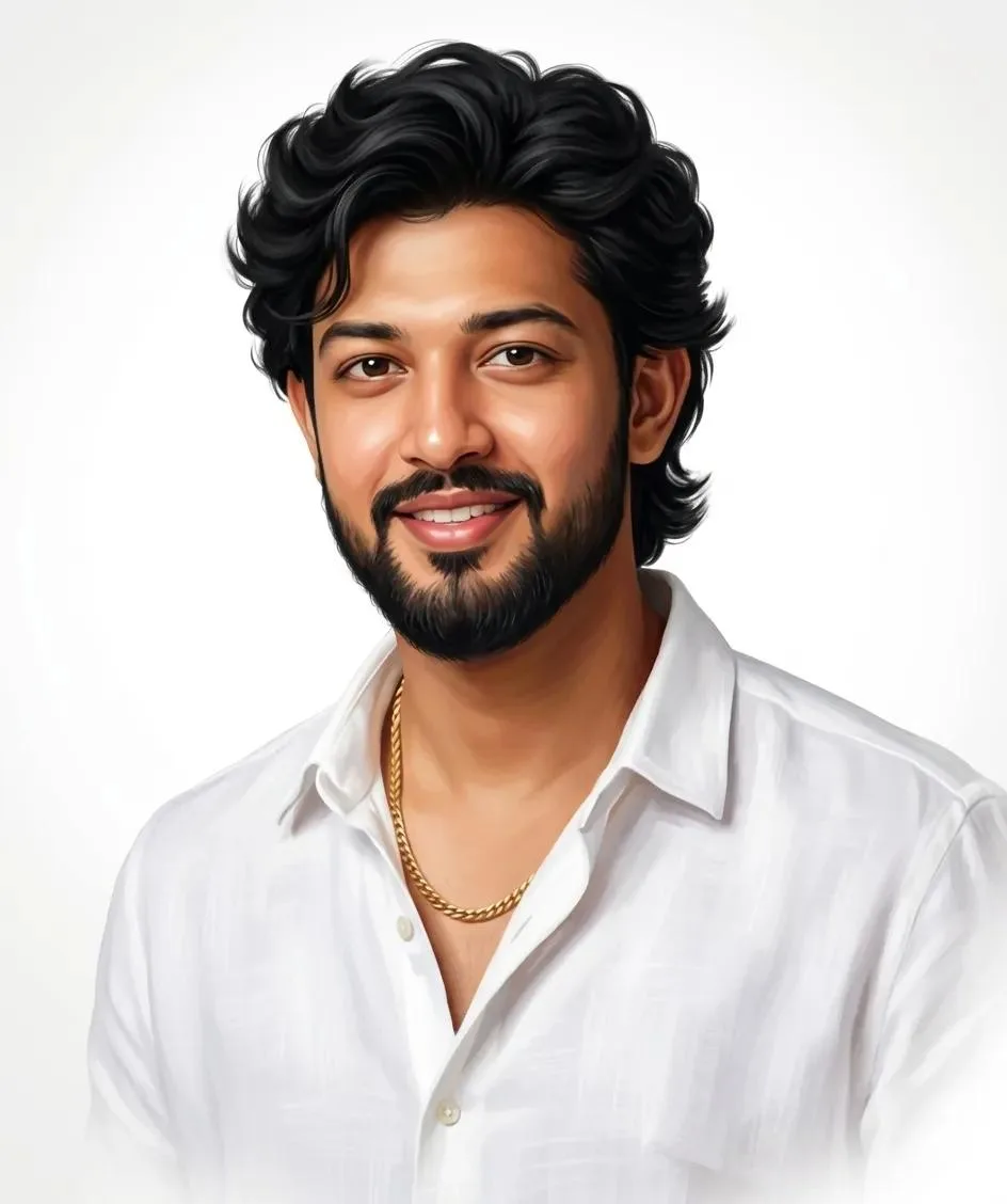 High-quality digital oil painting portrait of a handsome young Indian man (use my exact face, 100% identity match), joyful smile, looking