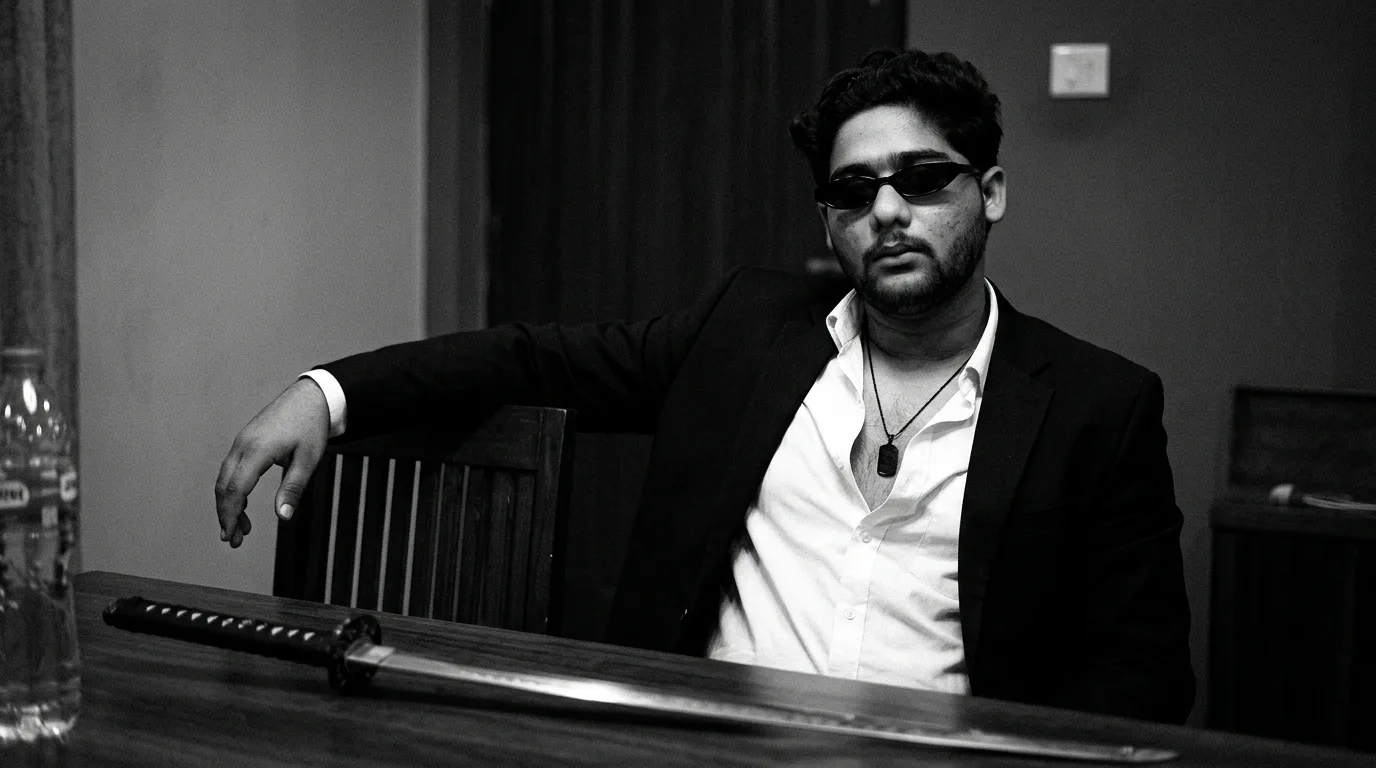 Ultra-realistic cinematic black-and-white portrait of a stylish young man sitting casually at a table in a dark moody room.