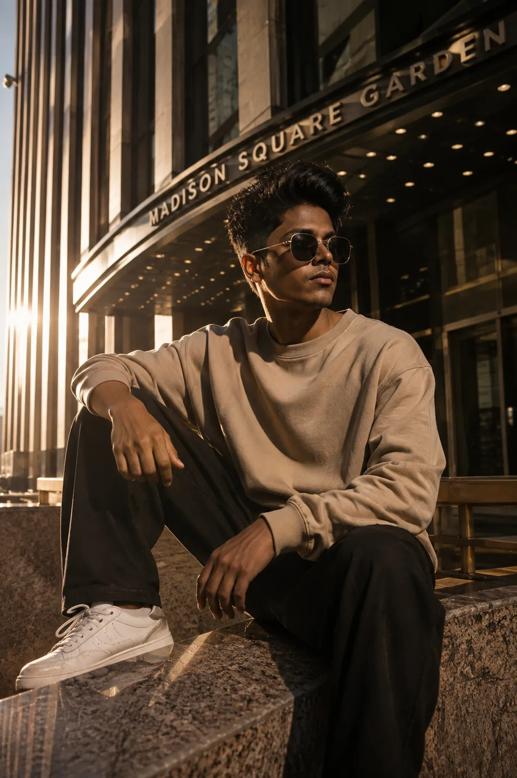 Create a cinematic lifestyle portrait of a stylish young man sitting casually on the edge of the entrance to Madison Square Garden during