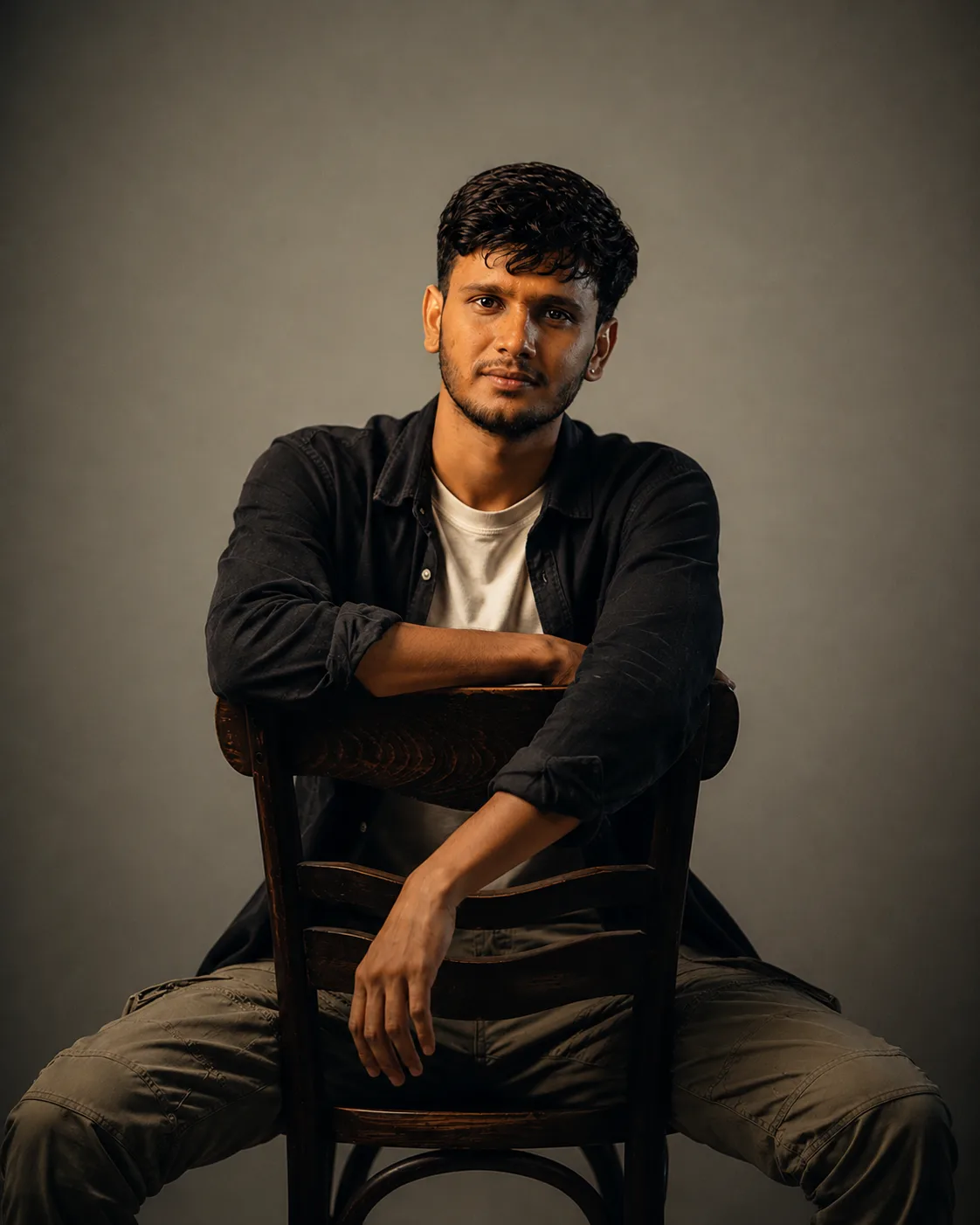 A stylish young Indian man wearing a premium black denim overshirt with full sleeves rolled up to the forearms, worn open over a fitted