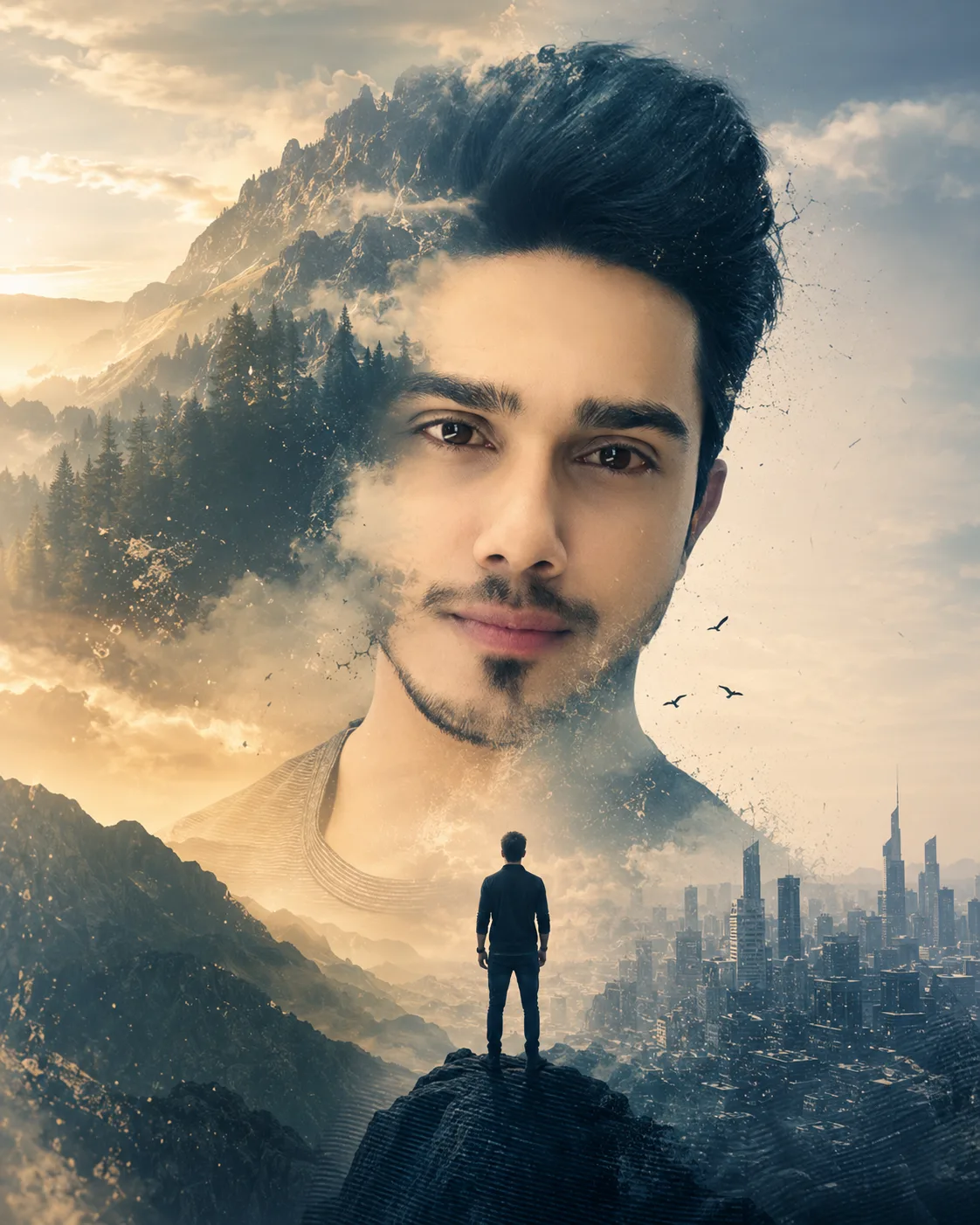 Transform the uploaded photo into a premium cinematic double-exposure portrait while preserving the subject’s exact facial identity, facial