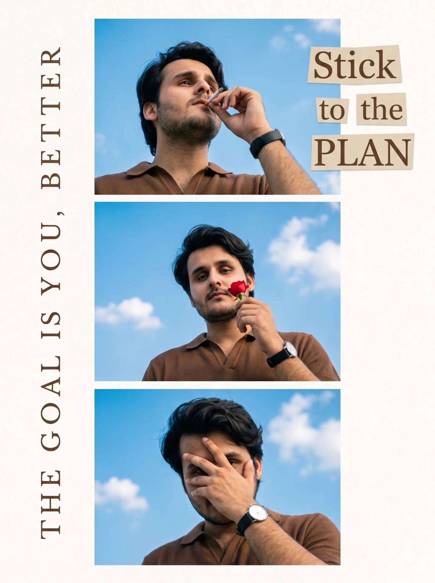 Minimalist editorial three-photo collage on a clean warm-white background, featuring the same young South Indian man with short black hair