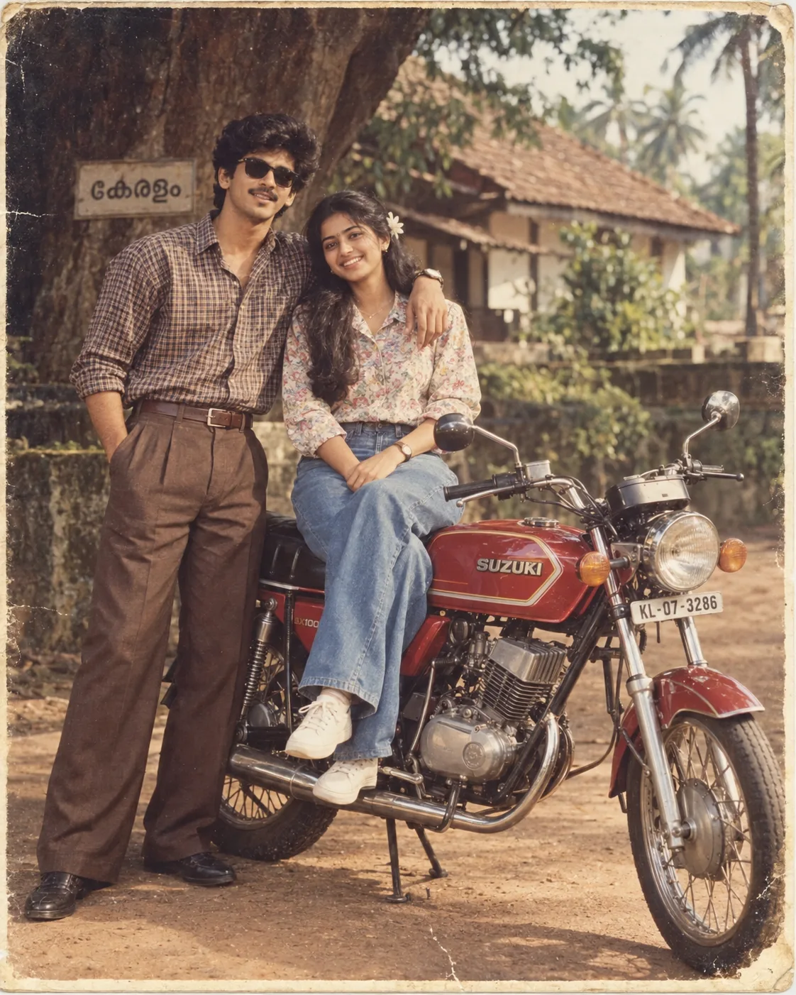 Create an ultra-realistic vintage 1980s-early 1990s Kerala couple portrait beside a classic red Suzuki motorcycle.