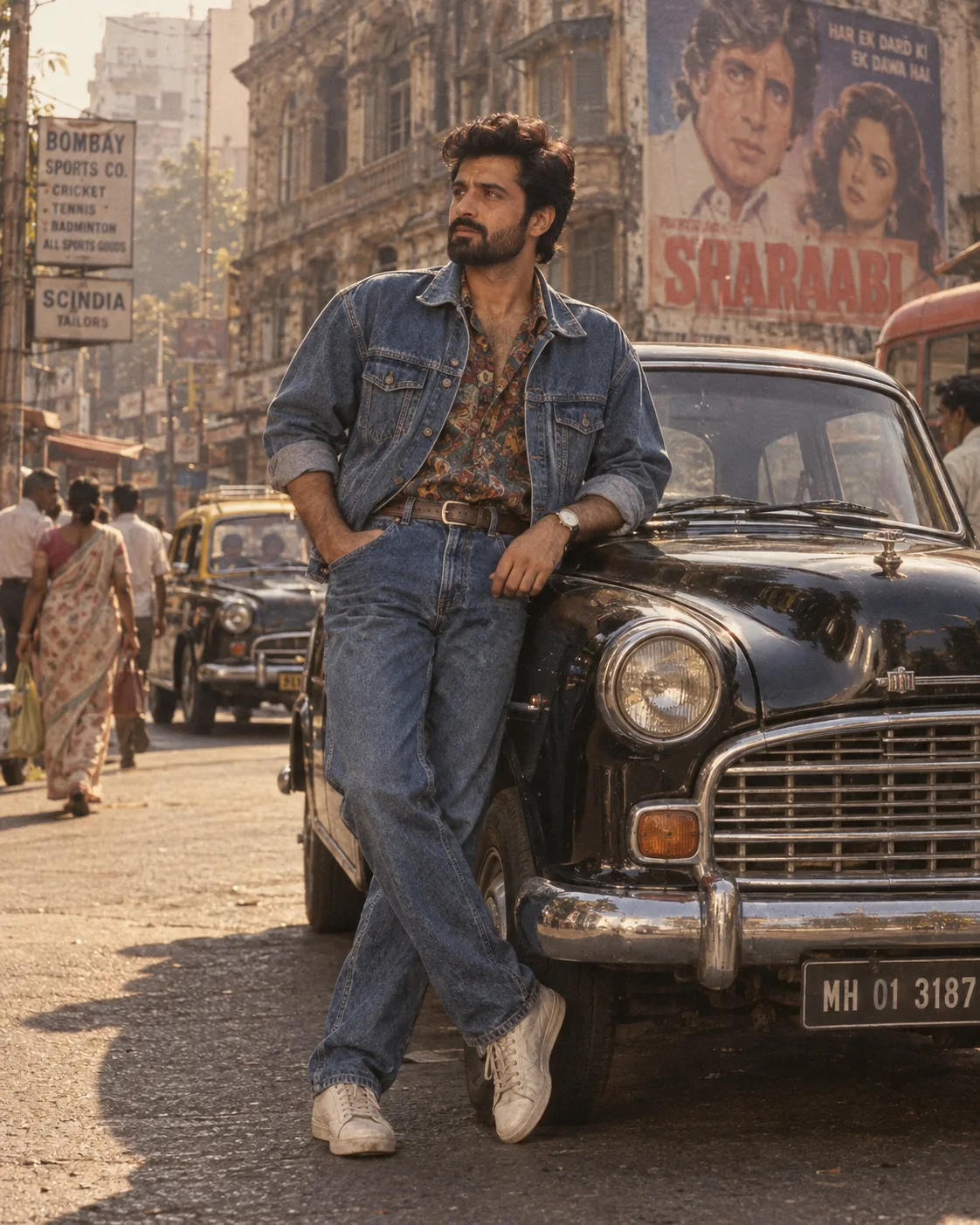 Create a highly realistic vertical 4:5 cinematic vintage 1980s-style photograph of a stylish Indian male cricket star standing casually