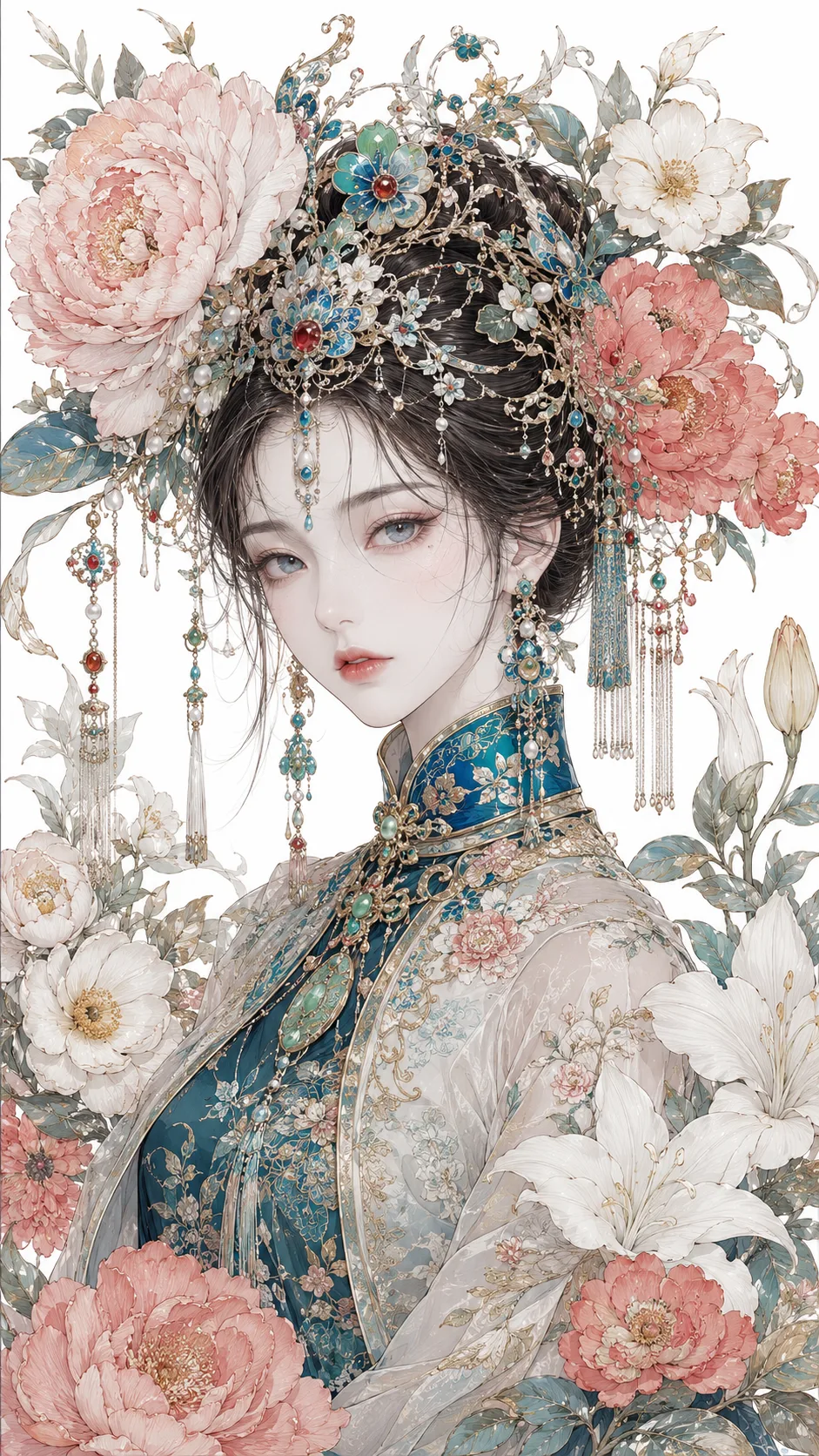 New Chinese-style couture portrait, anime-inspired gongbi illustration, hyperdetailed fine-line linework, translucent porcelain skin with